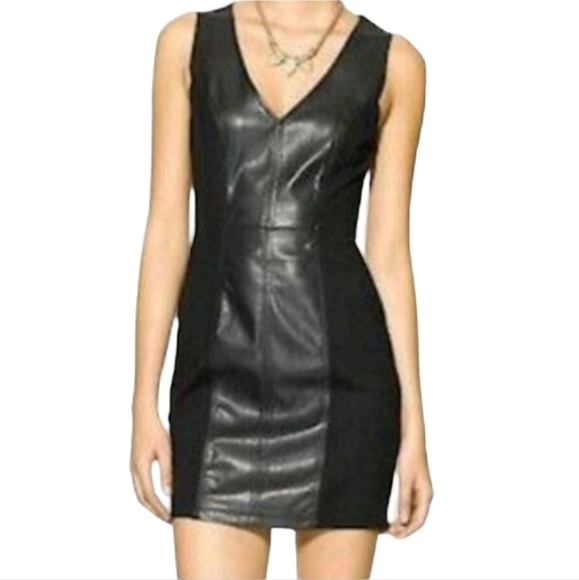 PIPERLIME Bodycon Faux Leather Mini Dress Black Ponte Knit Mix Media Unlined LBD - Picture 1 of 15